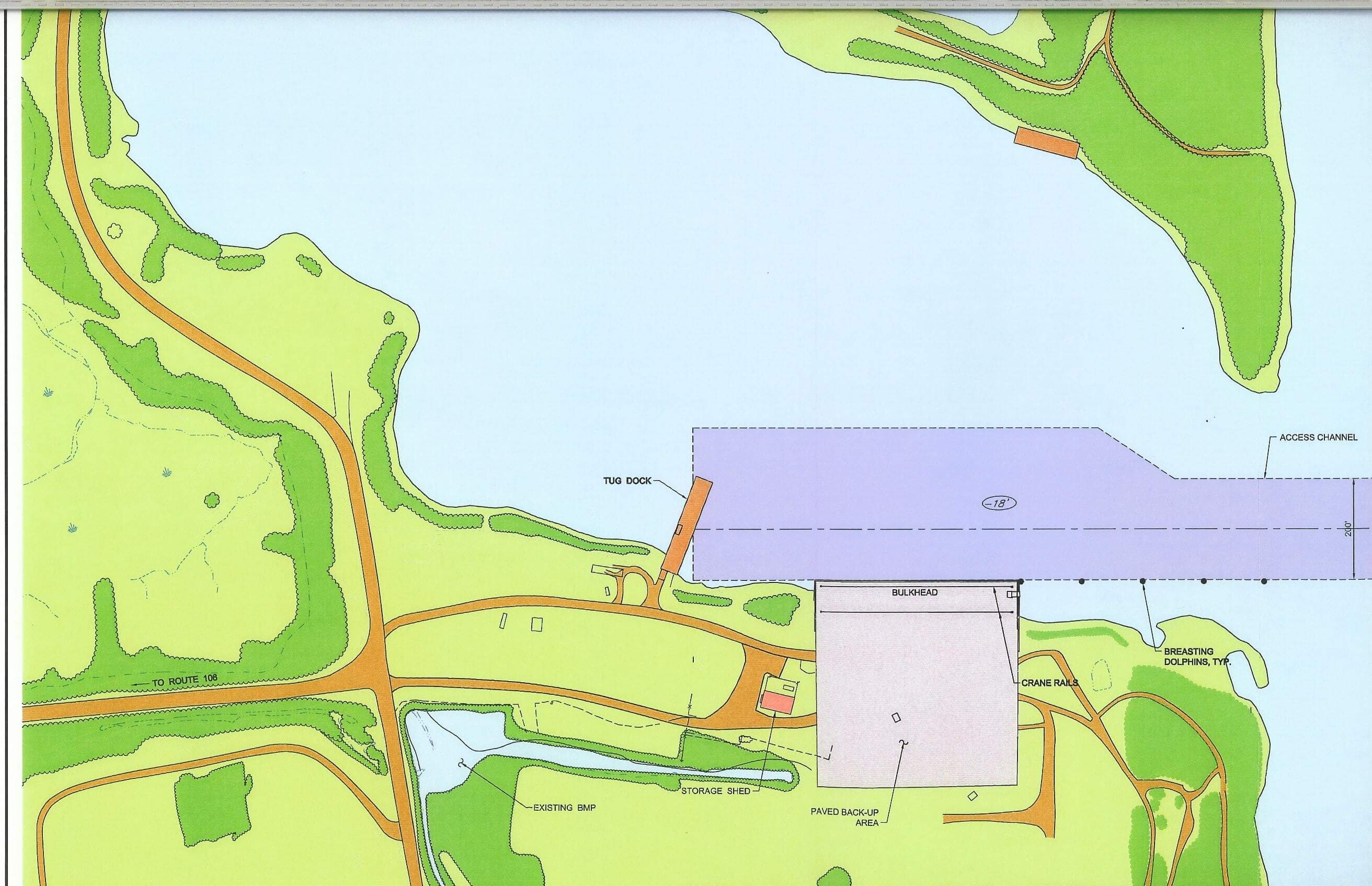 Site plan of the dock area at Weanack Land, showing the access channel, tug dock, bulkhead, crane rails, breasting dolphins, paved back-up area, storage shed, and the route 106 approach road.
