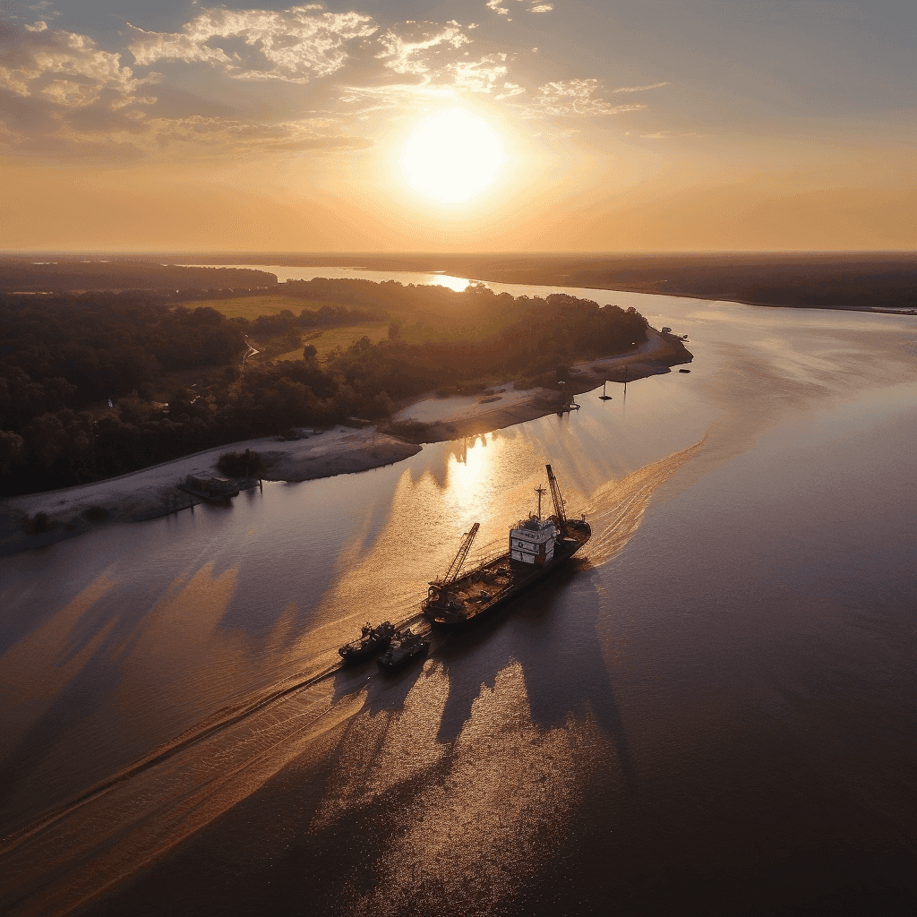 A dredge under tow at sunrise on the James River beside Weanack Land