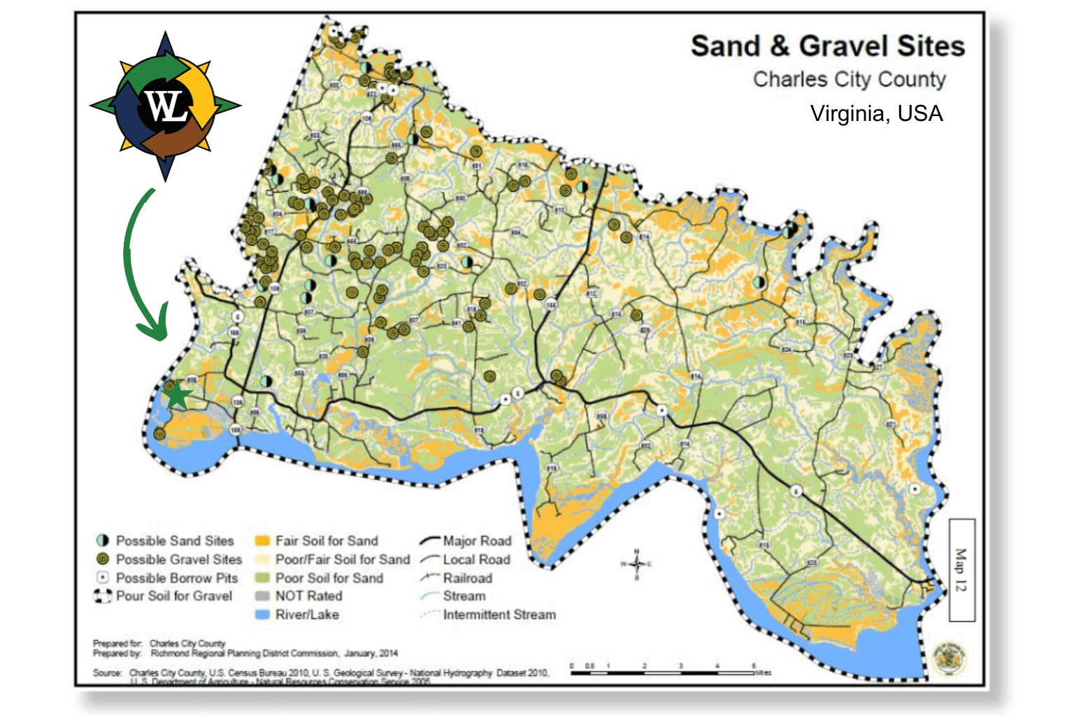 Map of sand and gravel sites in Charles City County, Virginia