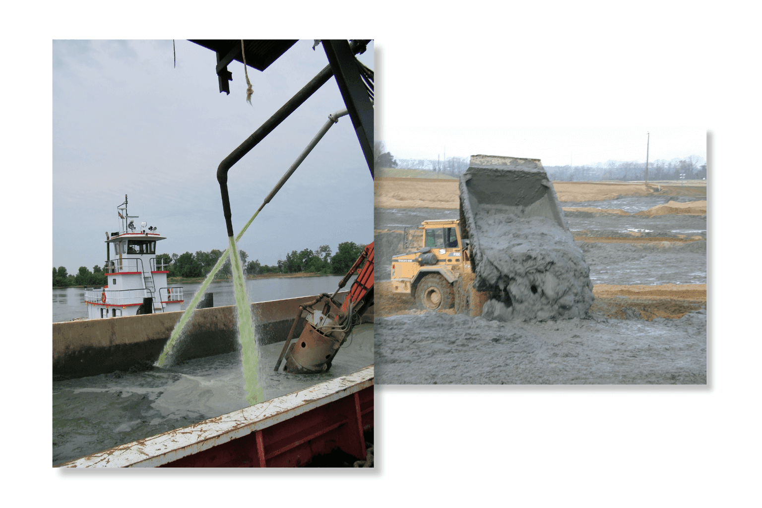 A tug pumping dredged slurry into a barge, alongside a haul truck dumping dredged material into a placement cell.