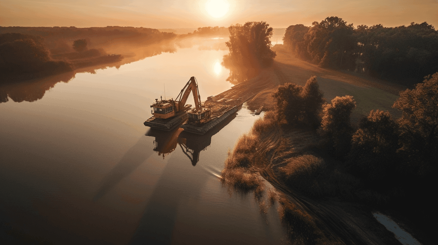 Aerial view at sunrise of a dredge working the James River at Weanack Land